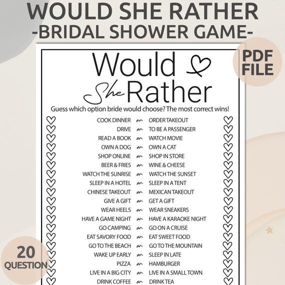 Would She Rather Bridal Shower Game | Printable Bridal Shower Game | Would She Rather Game | Who Knows She Best | Minimal Bridal Shower Game