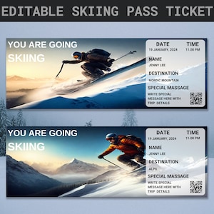 Bewerkbare kaartsjabloon skipas | Skipasticket | Afdrukbaar skiticket | Onthulling verrassingsskitrip | Instapkaart: