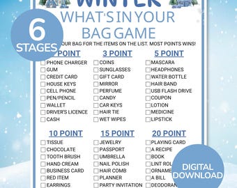 Winterliches „Was ist in deiner Tasche?“-Spiel | Druckbares „Was ist in deiner Handtasche?“-Spiel | Lustiges Winterpartyspiel | Weihnachtsspiele | Winterliche Kennenlernaktivität