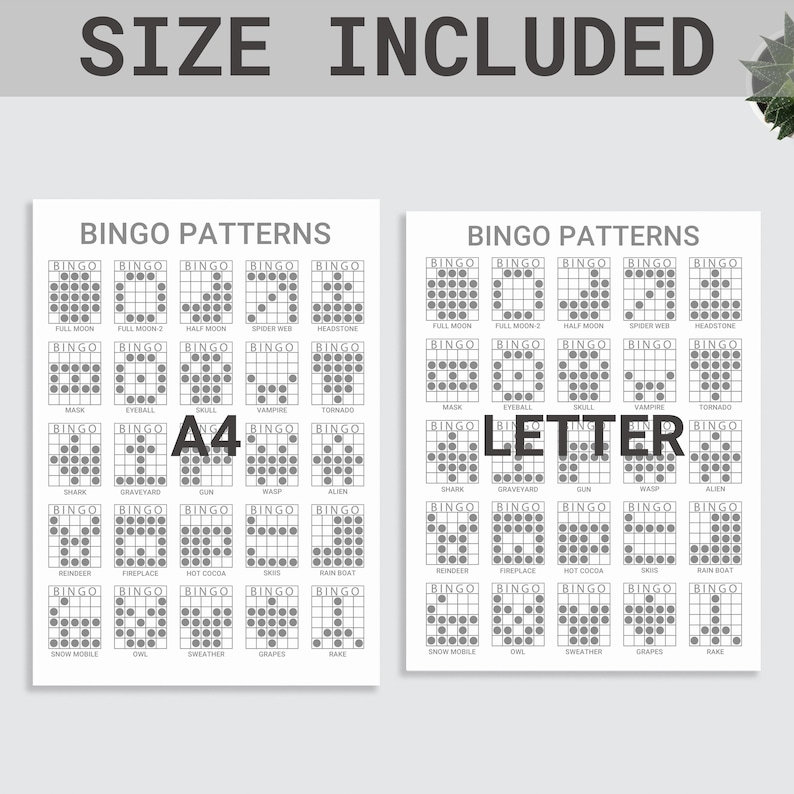 May include: Two black and white printable bingo card patterns on a white background. The cards are labeled "Bingo Patterns" and include a variety of patterns, including a full moon, a spider web, a tornado, a graveyard, a reindeer, a fireplace, a snow mobile, and more. The cards are labeled "A4 Letter" to indicate the size of the cards.