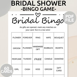 60 tarjetas de bingo para despedida de soltera / Juegos de bingo para despedida de soltera precargados / Tarjetas de bingo para bodas / Juego de bingo para despedida de soltera / Juego de bingo para despedida de soltera