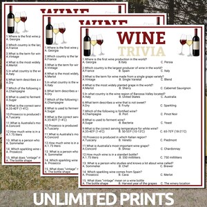 Pode incluir: Jogo de trivia sobre vinhos com perguntas sobre produ&ccedil;&atilde;o, castas e temperaturas de servi&ccedil;o. A imagem inclui uma garrafa de vinho e duas ta&ccedil;as, com o texto "WINE TRIVIA".