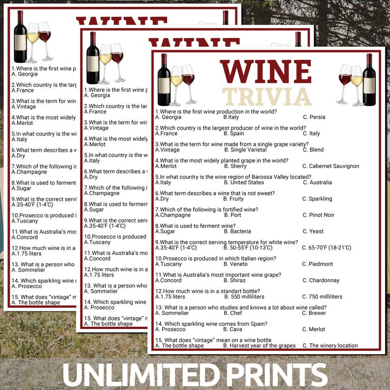 Pode incluir: Jogo de trivia sobre vinhos com perguntas sobre produ&ccedil;&atilde;o, castas e temperaturas de servi&ccedil;o. A imagem inclui uma garrafa de vinho e duas ta&ccedil;as, com o texto "WINE TRIVIA".