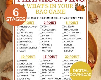 Thanksgiving What's in Your Bag Game | Printable Thanksgiving Party Games |Thanksgiving Bag Scavenger Hunt | Fall What's in Your Purse Game