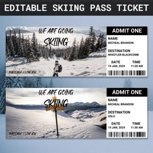 Modèle de billet de forfait de ski modifiable | Billet forfait de ski | Billet de ski imprimable | révélation d'un voyage de ski surprise | Billet carte d'embarquement