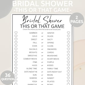 This Or That Bridal Shower Game | Bridal Shower Games | Would She Rather Bridal Shower Game | Bridal Shower Trivia | Modern Fun Wedding Game