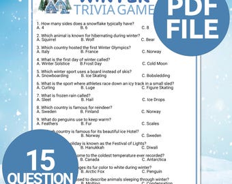 May include: A winter trivia game PDF file with 15 questions. The game features a blue and white color scheme with winter-themed questions about snowflakes, winter sports, and holidays. The text "Winter Trivia Game" is at the top.