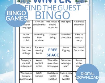 Winterliches „Finde jemanden“-Spiel | Druckbares Winter-Tischgesprächsspiel | Winterliches Kennenlern-Bingo | Eisbrecher-Spiel für große Gruppen | Winterbingo