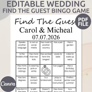Custom Wedding Find the Guest Game | Bridal Shower Find the Guest Bingo | Printable Wedding Bingo | Bridal Shower Game | Editable Bingo Game