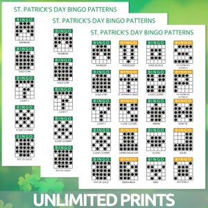 Puede incluir: Una colecci&oacute;n de patrones de bingo del D&iacute;a de San Patricio, con dise&ntilde;os variados como arco&iacute;ris, herraduras y tr&eacute;boles. Cada patr&oacute;n est&aacute; etiquetado con el tema correspondiente, y el texto "St. Patrick's Day Bingo Patterns" se muestra en la parte superior.
