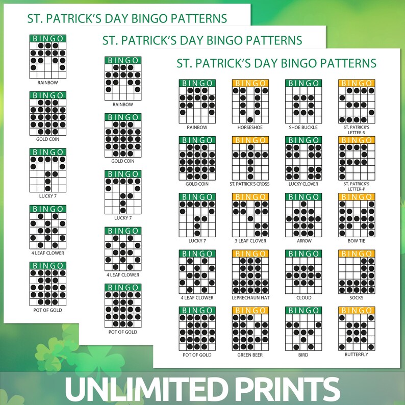 Puede incluir: Una colecci&oacute;n de patrones de bingo del D&iacute;a de San Patricio, con dise&ntilde;os variados como arco&iacute;ris, herraduras y tr&eacute;boles. Cada patr&oacute;n est&aacute; etiquetado con el tema correspondiente, y el texto "St. Patrick's Day Bingo Patterns" se muestra en la parte superior.
