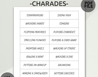 Jeu de charades imprimable | Jeu de Charades en Famille | Charades à imprimer pour enfants et adultes | Soirée de jeux en famille | Jeu d'acteur en groupe | Jeu de groupe