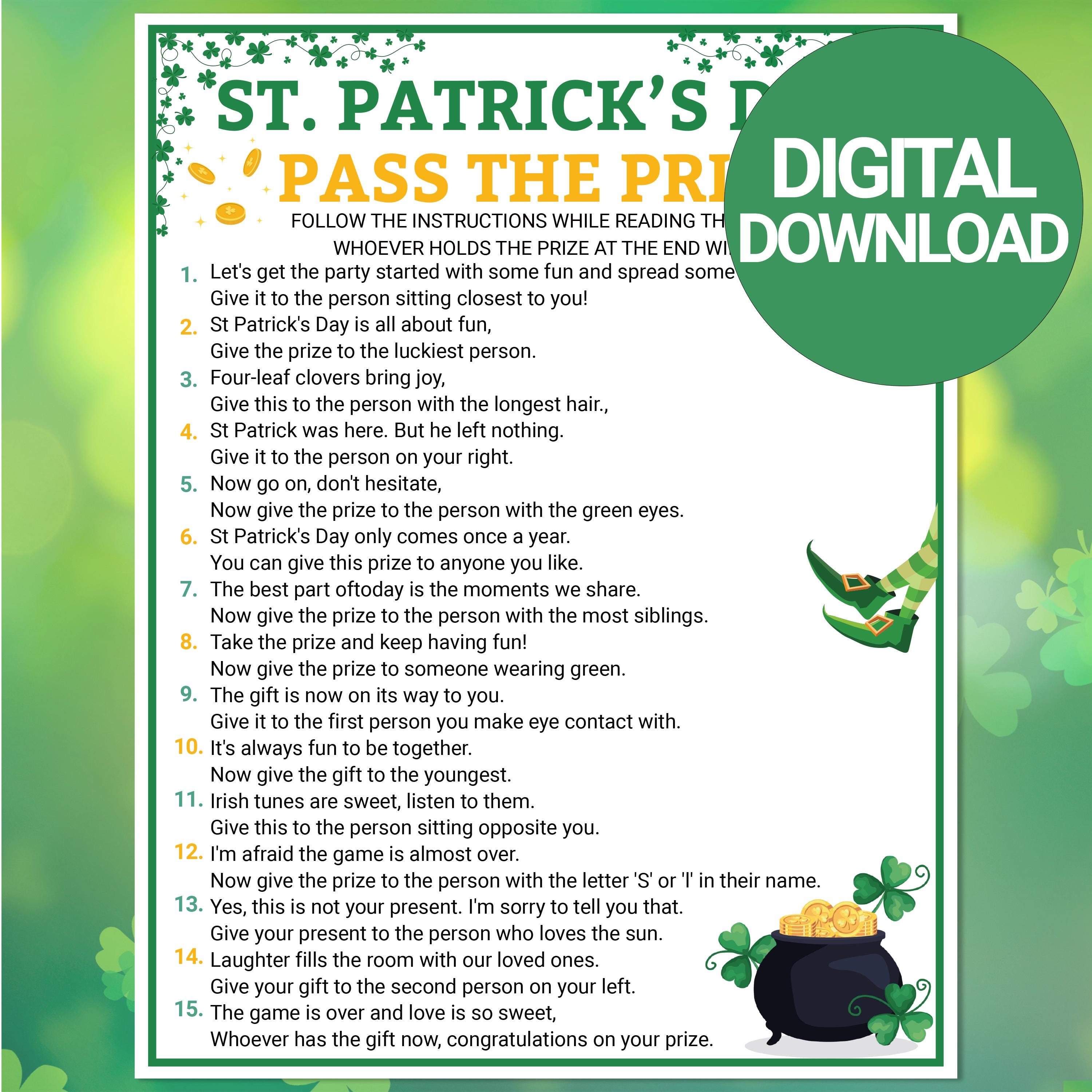St. Patrick's Pass the Prize Game | St. Patrick Day Games | Printable ...