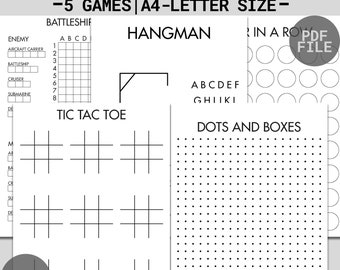 Pen- en papierafdrukbare spellen | Reisspellen | Droog wissen Reisspellen | Tic Tac Toe, Beul, Stippen en Dozen, Slagschip, Vier op een rij