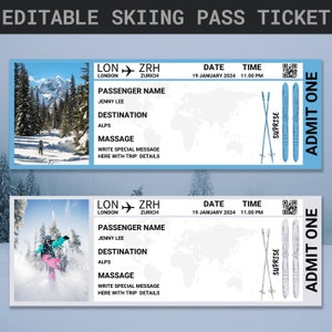 Modèle de billet de forfait de ski modifiable | Billet forfait de ski | Billet de ski imprimable | révélation d'un voyage de ski surprise | Billet carte d'embarquement