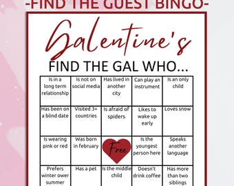 Juego de bingo Find The Guest para el día de Galentines / Juego de bingo Get to Know You para Galentine / Juego de bingo imprimible para Galentines / Juegos imprimibles para fiestas de chicas