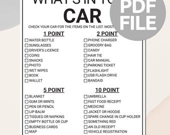 What's in Your Car Game | Printable What's In Your Car Game | Fun Icebreaker Game | Family Reunion Game | Office Party Game | Birthday Games