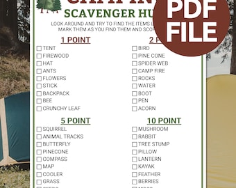 Camping Scavenger Hunt Game | Printable Scavenger Hunt Game | Fun Camping Party Game | Camping Activity for Kids & Adults | Summer Camp Game