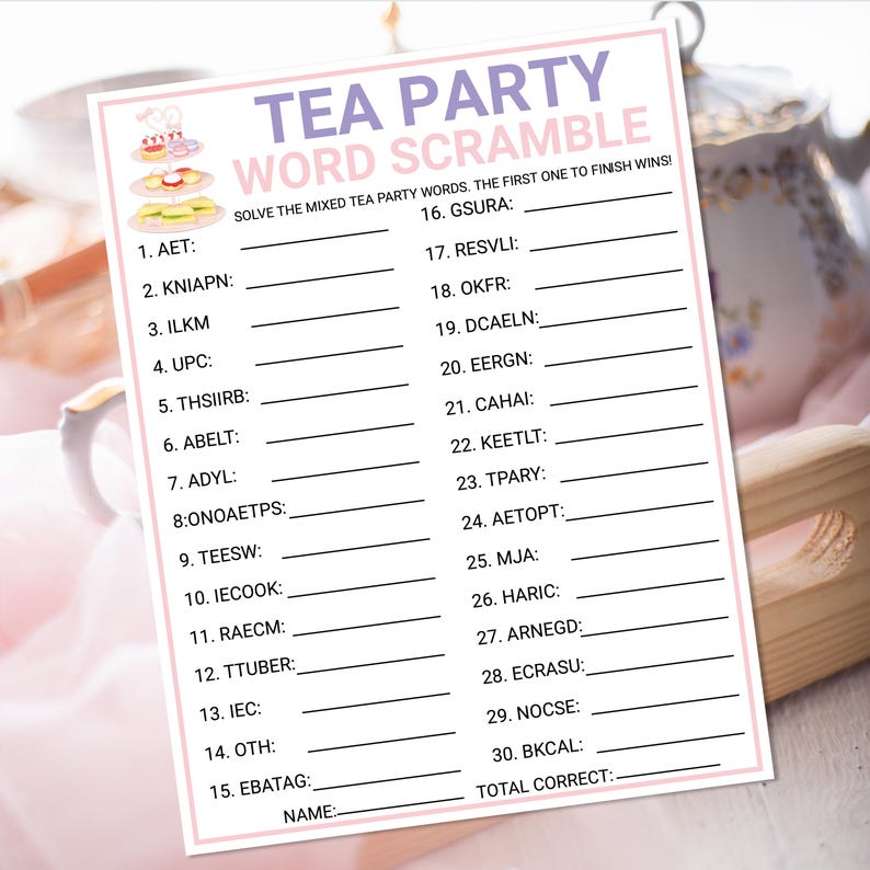 Tea Part Word Tea Party Word Scramble Game | Bridal Shower Tea Party Game | Printable ...
