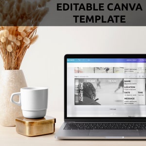 May include: A laptop screen displaying a Canva template for a hockey ticket. The template includes text fields for the name, location, date, time, and a message. The template also includes a black and white image of a hockey player wearing a helmet.