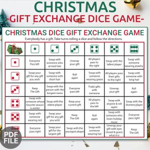 May include: A Christmas gift exchange game using dice. The game board has a grid of 6 rows and 6 columns. Each square contains a different instruction for players to follow. The instructions include swapping gifts, unwrapping gifts, keeping gifts, and passing gifts to the right or left.