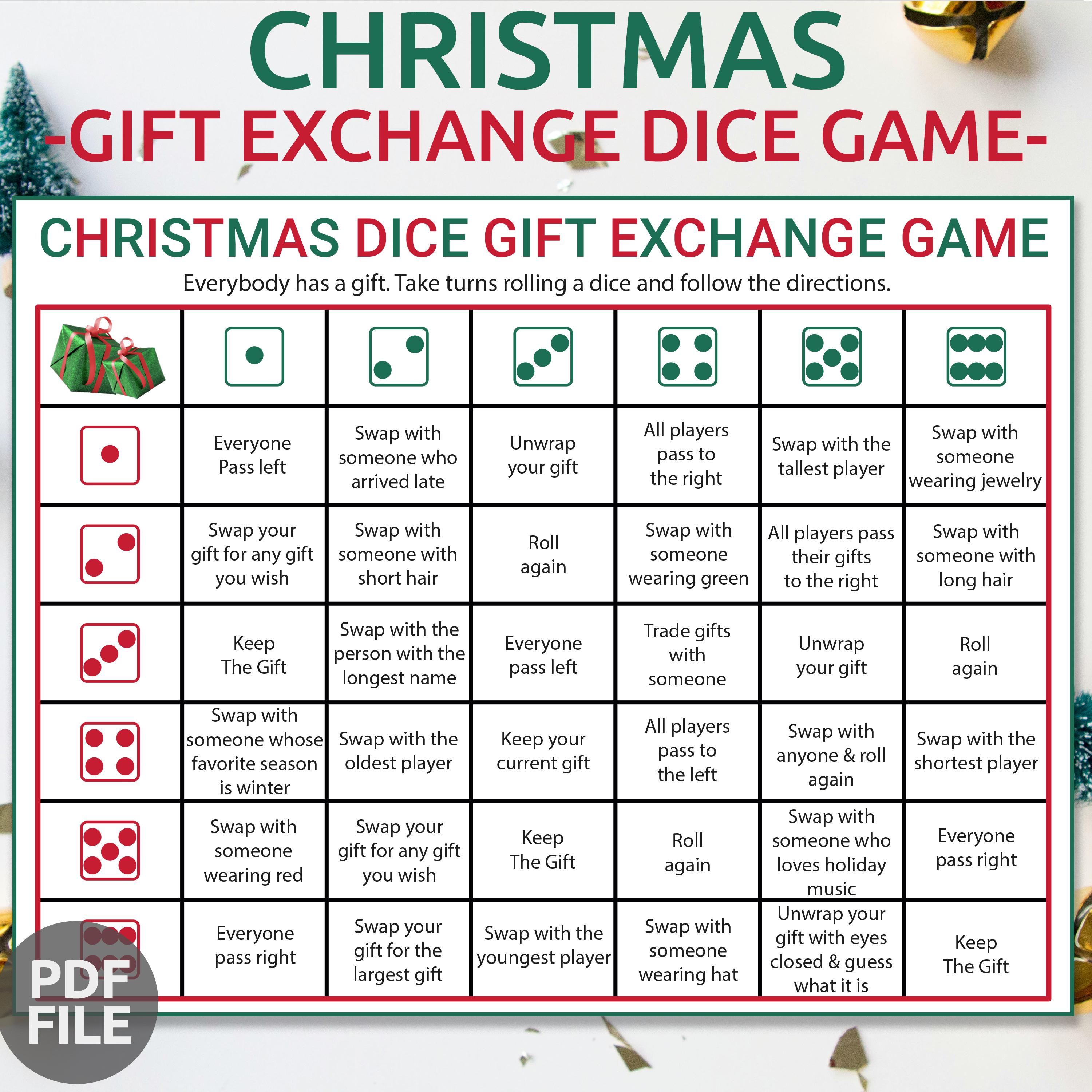christmas gift exchange dice game | printable christmas party