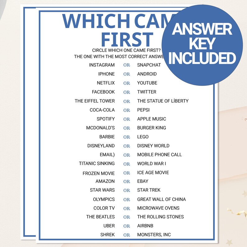 Which Came First Trivia Game | Printable Trivia Game Quiz | Guess Which ...