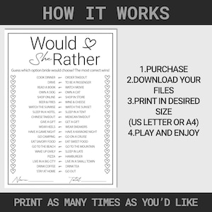 May include: A printable "Would She Rather" game with a black and white design. The game features a list of 16 questions with two options each. The questions are about a bride's preferences. The text "How It Works" is at the top of the page. The instructions are to purchase, download, print, and play the game.