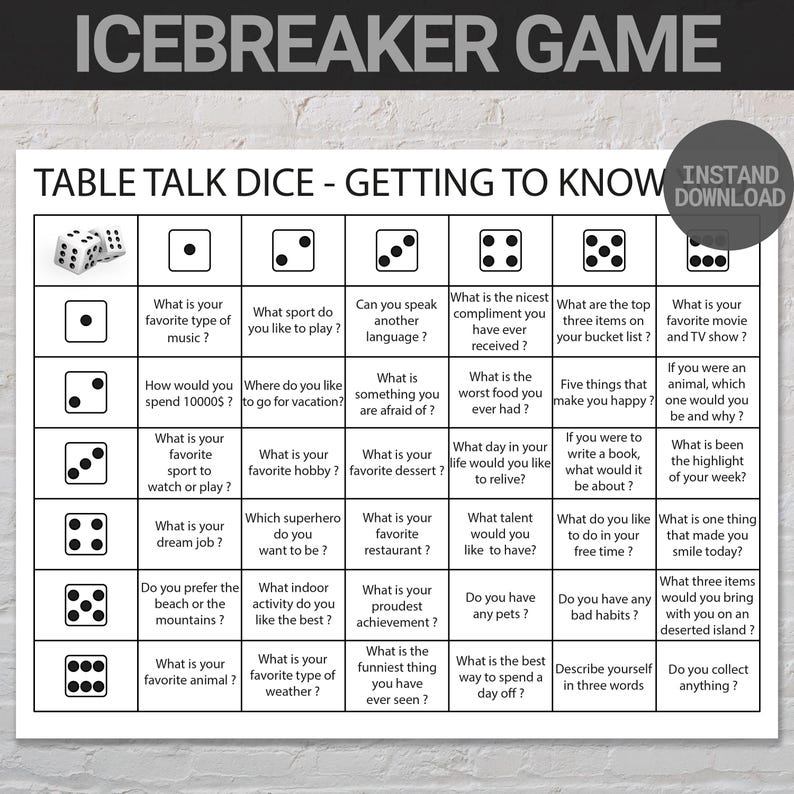 May include: A printable game board with dice and questions to help people get to know each other. The questions are about hobbies, favorite things, and personal preferences. The board is designed for table talk and conversation.