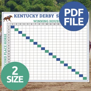 May include: A Kentucky Derby squaresheet with the text "Kentucky Derby Squares" and "Winning House". The grid has numbers 1-13 across the top and 1-14 down the side. A blue circle says "PDF FILE" and a green circle says "2 SIZE".