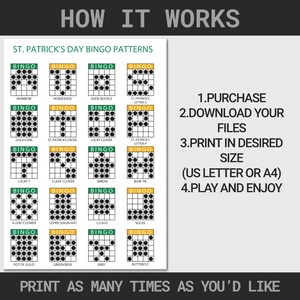 Puede incluir: Una hoja de juego de bingo del D&iacute;a de San Patricio con varios patrones, incluyendo un arco&iacute;ris, una herradura y una moneda de oro. Se incluyen instrucciones: comprar, descargar, imprimir y jugar. La hoja est&aacute; dise&ntilde;ada para imprimirse en tama&ntilde;o A4.