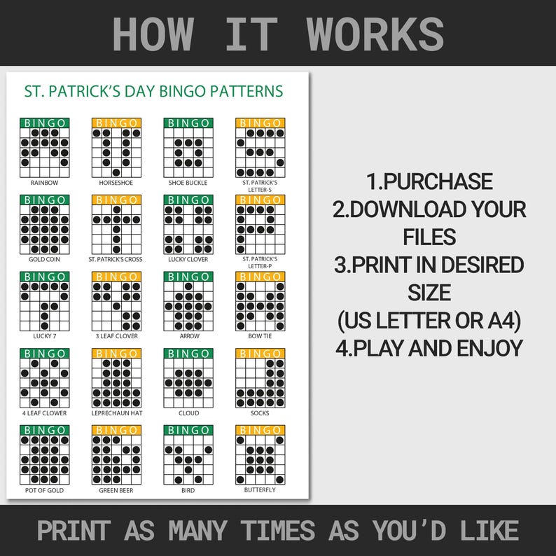 Puede incluir: Una hoja de juego de bingo del D&iacute;a de San Patricio con varios patrones, incluyendo un arco&iacute;ris, una herradura y una moneda de oro. Se incluyen instrucciones: comprar, descargar, imprimir y jugar. La hoja est&aacute; dise&ntilde;ada para imprimirse en tama&ntilde;o A4.