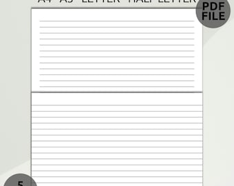 May include: Printable lined paper in A4, A5, Letter, and Half Letter sizes.  The paper has 5 versions and is available as a PDF file.