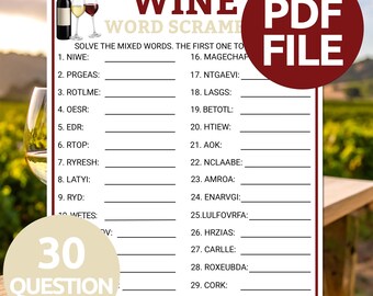Wine Word Scramble Game | Printable Wine Varietal Word Scramble | Wine Party Trivia Game | Fun Wine & Cheese Party Games | Wine Tasting Game
