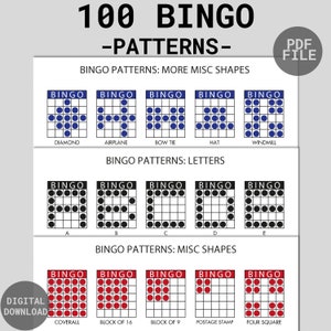 100 Bingo Patterns | Printable Fun Bingo Party Game | Bingo Winning Patterns | Bingo Alphabet, Numbers, Signs, Shapes | PDF Download