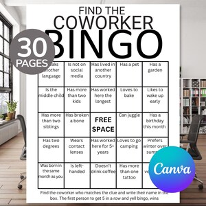 Bingo editable para compañeros de trabajo / Juego de bingo "Encuentra a alguien que..." / Actividad de trabajo en equipo / Juegos editables para fiestas de oficina / Juego de bingo para compañeros de trabajo