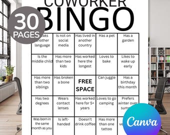 Può includere: Un foglio di gioco Bingo per colleghi stampabile da 30 pagine. La griglia presenta testo nero su sfondo bianco con suggerimenti come Ha un animale domestico, Ha un giardino e Lavora qui da oltre 5 anni. Include uno spazio libero e istruzioni.