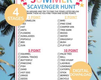 Summer Scavenger Hunt Game | Printable Summer Game | Summer Treasure Hunt | Fun Summer Activities for Kids, Adults | Vacation Family Games