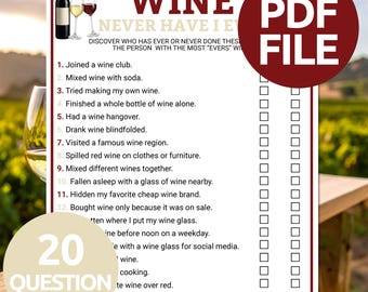 Wine Never Have I Ever Game | Printable Wine Theme Game | Wine Night Party Trivia Game | Fun Wine & Cheese Party Game | Wine Tasting Game