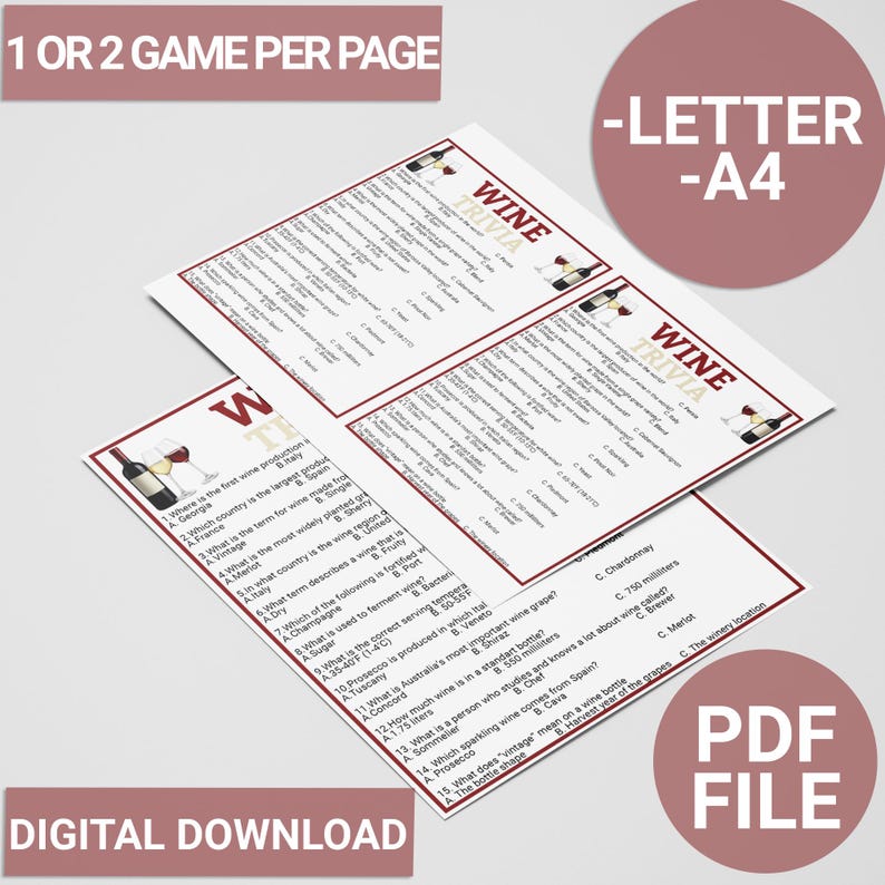 Pode incluir: Folhas de jogo de trivia sobre vinhos com perguntas de m&uacute;ltipla escolha. As folhas s&atilde;o brancas com texto vermelho e preto. As palavras "Wine Trivia" est&atilde;o no topo. A imagem tamb&eacute;m inclui o texto "Download digital" e "Arquivo PDF".