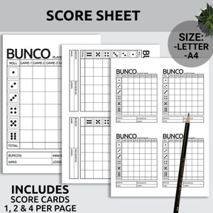 Pu&ograve; includere: Fogli di punteggio Bunco bianchi con testo nero. I fogli includono spazi per tiri, punteggi di gioco e totali. Il testo "SCORE SHEET" e "BUNCO" sono in alto. La dimensione &egrave; indicata come Letter e A4. I fogli includono schede segnapunti 1, 2 e 4 per pagina.