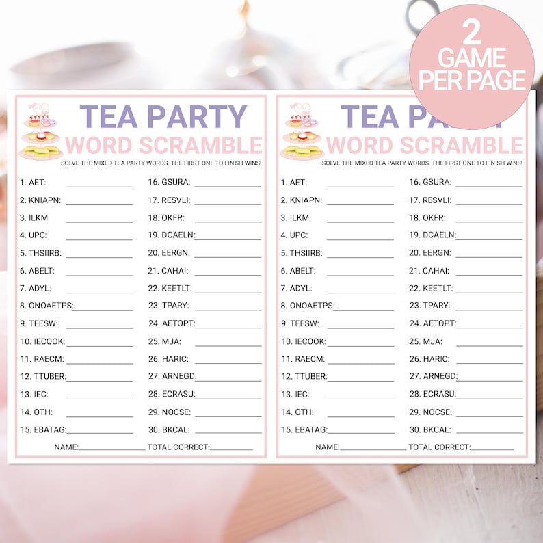 Tea Part Word Tea Party Word Scramble Game | Bridal Shower Tea Party Game | Printable ...