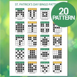Puede incluir: Una hoja de patrones de bingo del D&iacute;a de San Patricio con 20 patrones. Cada tarjeta de bingo presenta una disposici&oacute;n &uacute;nica de puntos negros dentro de una cuadr&iacute;cula, con patrones tem&aacute;ticos como arco&iacute;ris, herraduras y tr&eacute;boles de la suerte. Se muestran las palabras "BINGO" y los nombres de los patrones.
