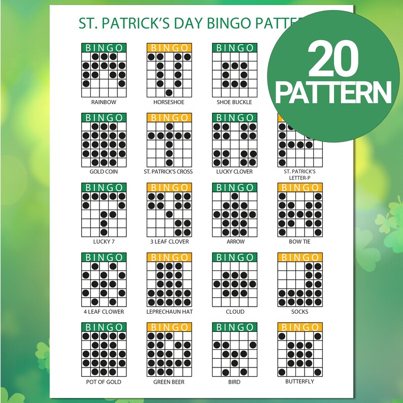 Puede incluir: Una hoja de patrones de bingo del D&iacute;a de San Patricio con 20 patrones. Cada tarjeta de bingo presenta una disposici&oacute;n &uacute;nica de puntos negros dentro de una cuadr&iacute;cula, con patrones tem&aacute;ticos como arco&iacute;ris, herraduras y tr&eacute;boles de la suerte. Se muestran las palabras "BINGO" y los nombres de los patrones.