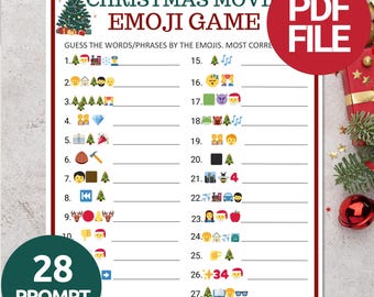 May include: A Christmas Movie Emoji Game PDF file. The game features a red and white border with a Christmas tree graphic. The game includes 28 prompts with emojis to guess the words or phrases.