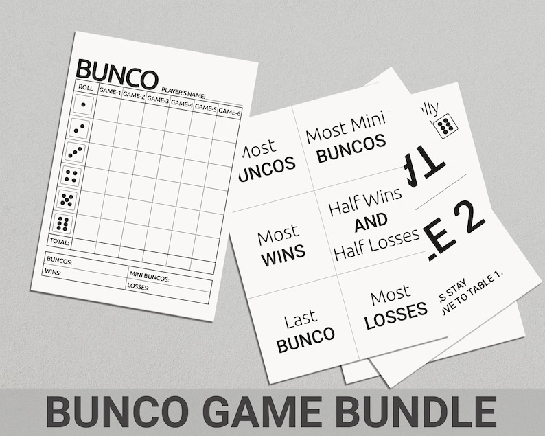 Pu&ograve; includere: Una raccolta di fogli di gioco Bunco bianchi con testo nero. I fogli includono un tabellone segnapunti e fogli per tenere traccia di vittorie, sconfitte e altre statistiche di gioco. Il testo "Bunco Game Bundle" &egrave; in basso.