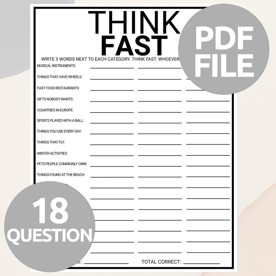 Think Trivia Think Fast Game | Printable Think Fast Trivia Game | Team Building Game ...