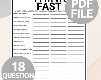 Think Fast Game | Printable Think Fast Trivia Game | Team Building Game | Easy Party Icebreaker Games | Conversation Starter For Adults Kids