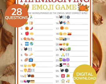 May include: A Thanksgiving Emoji Game printable sheet featuring 28 numbered questions with emoji sequences and blank lines for answers. The title is in red and gold text, with pumpkin and corn illustrations at the top of the white page.