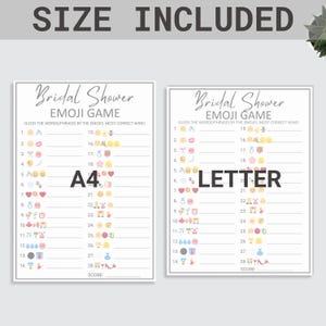 Puede incluir: Dos tarjetas de juego de despedida de soltera imprimibles con el t&iacute;tulo "Bridal Shower Emoji Game". Cada tarjeta tiene 14 l&iacute;neas con un emoji y un espacio en blanco para escribir la respuesta. El texto "Adivina las palabras/frases por los emojis. &iexcl;El que m&aacute;s acierte gana!" est&aacute; en la parte superior de cada tarjeta.